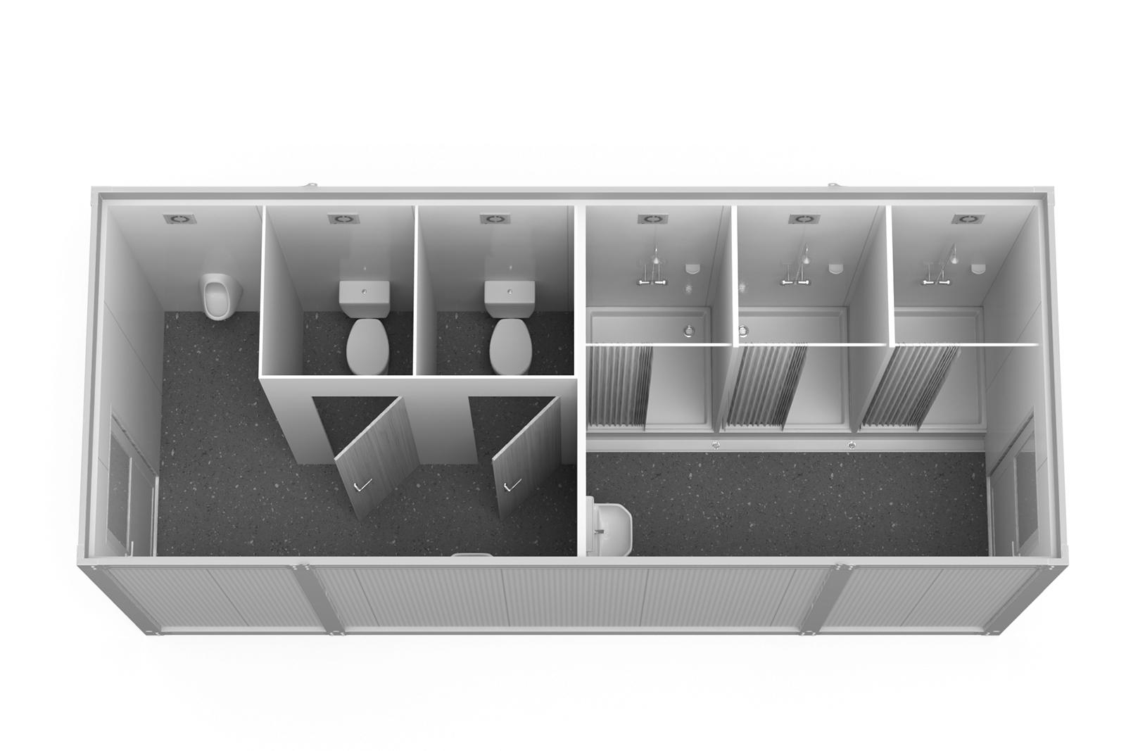 Container Sanitar 6m cu 3 Dusuri, 2 WC, 1 Pisoar Alb ContainerMod